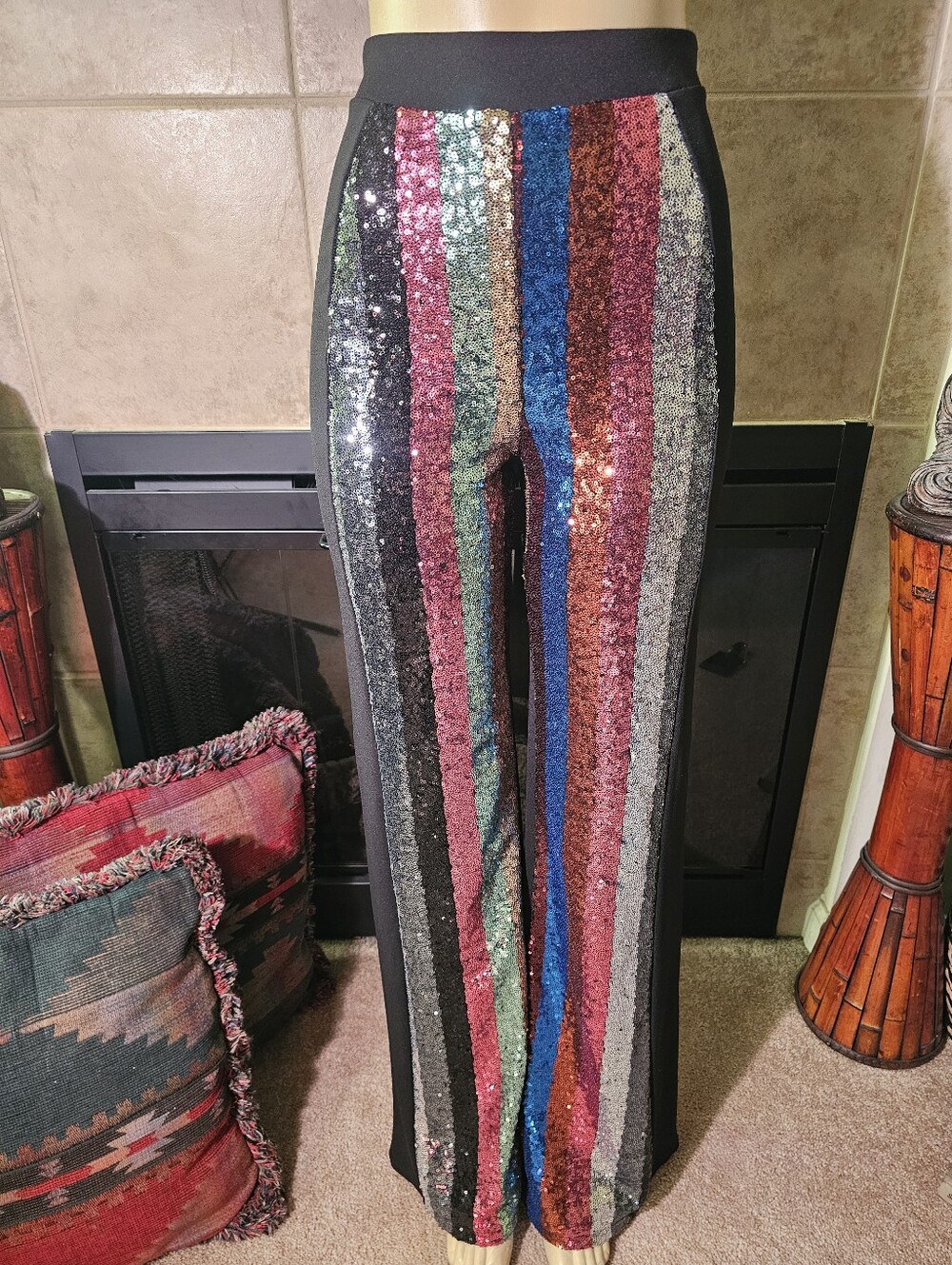 New. Valentine Women Pants Flared Disco Striped Sequin. Size Small. Stretch